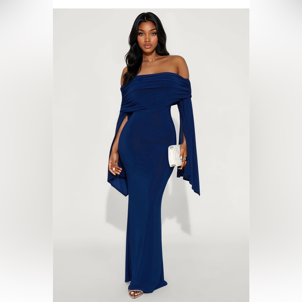 Crystal off the shoulder dress- Fashion Nova Strapless Royal Blue Dress